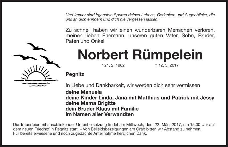  Traueranzeige für Norbert Rümpelein vom 18.03.2017 aus Nordbayerische Nachrichten Pegnitz Lokal