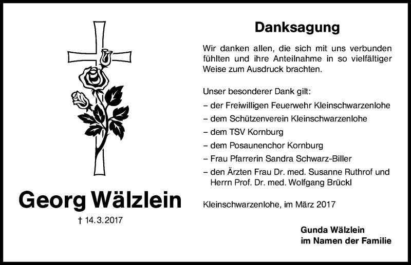  Traueranzeige für Georg Wälzlein vom 25.03.2017 aus Schwabach