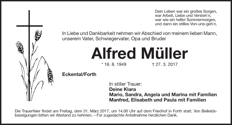  Traueranzeige für Alfred Müller vom 29.03.2017 aus Erlanger Nachrichten Lokal