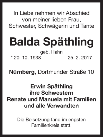 Traueranzeige von Balda Späthling von Gesamtausgabe Nürnberger Nachrichten/ Nürnberger Ztg.