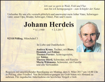 Traueranzeige von Johann Herdeis von Neumarkter Nachrichten Lokal
