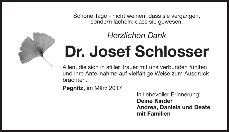  Traueranzeige für Josef Schlosser vom 25.03.2017 aus Nordbayerische Nachrichten Pegnitz Lokal