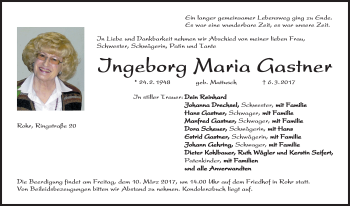 Traueranzeige von Ingeborg Maria Gastner von Schwabach