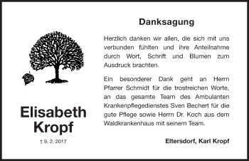 Traueranzeige von Elisabeth Kropf von Erlanger Nachrichten Lokal