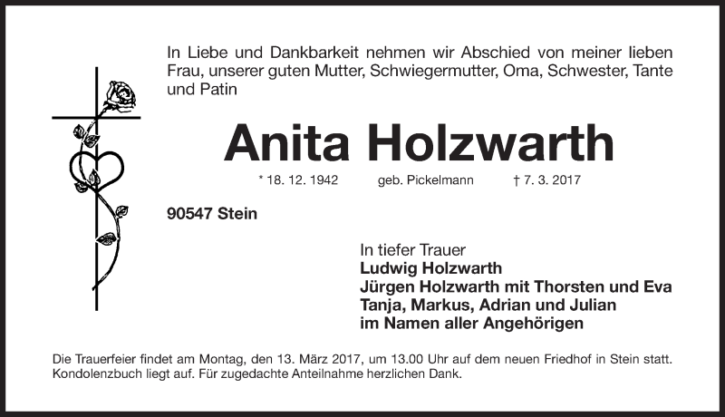  Traueranzeige für Anita Holzwarth vom 11.03.2017 aus Gesamtausgabe Nürnberger Nachrichten/ Nürnberger Ztg.