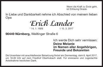 Traueranzeige von Erich Lander von Gesamtausgabe Nürnberger Nachrichten/ Nürnberger Ztg./ Nordbayer. Nachrichten Forchheim