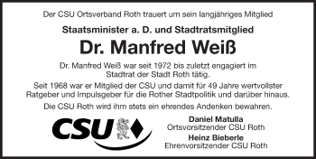 Traueranzeige von Manfred Weiß von Roth-Hilpoltsteiner Volkszeitung Lokal