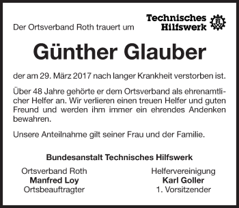 Traueranzeige von Günther Glauber von Roth-Hilpoltsteiner Volkszeitung Lokal