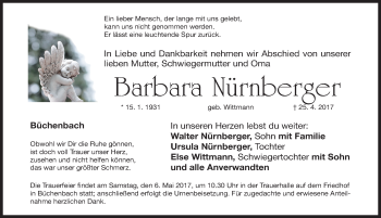 Traueranzeige von Barbara Nürnberger von Roth-Hilpoltsteiner Volkszeitung Lokal