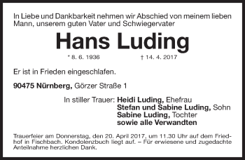 Traueranzeige von Hans Luding von Gesamtausgabe Nürnberger Nachrichten/ Nürnberger Ztg.