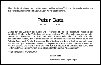 Traueranzeige von Peter Batz von Nordbayerische Nachrichten Herzogenaurach Lokal