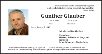 Traueranzeige von Günther Glauber von Roth-Hilpoltsteiner Volkszeitung Lokal