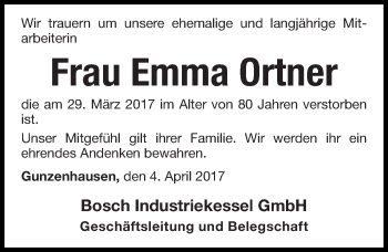 Traueranzeige von Emma Ortner von Altmühl-Bote Lokal