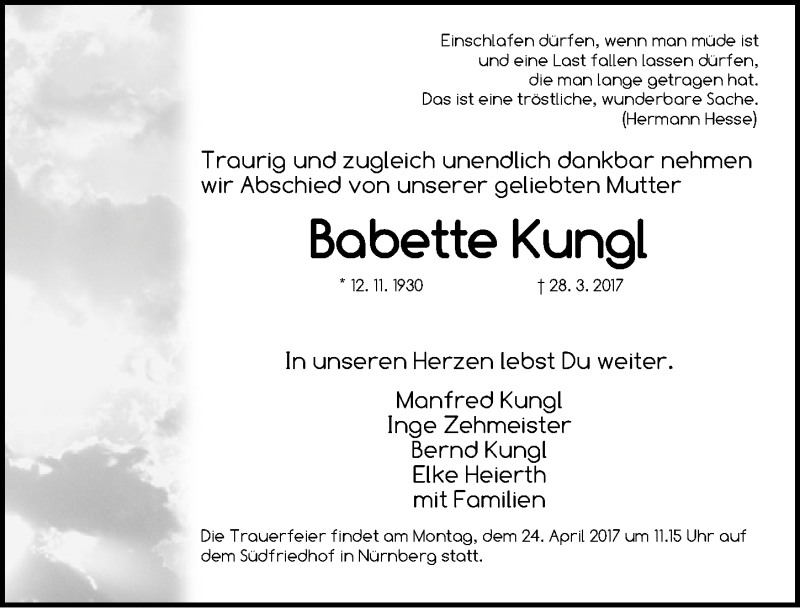  Traueranzeige für Babette Kungl vom 22.04.2017 aus Schwabach