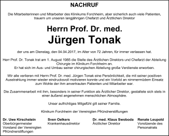 Traueranzeige von Jürgen Tonak von Nordbayerische Nachrichten Forchheim Lokal