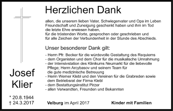 Traueranzeige von Josef Klier von Neumarkter Nachrichten Lokal
