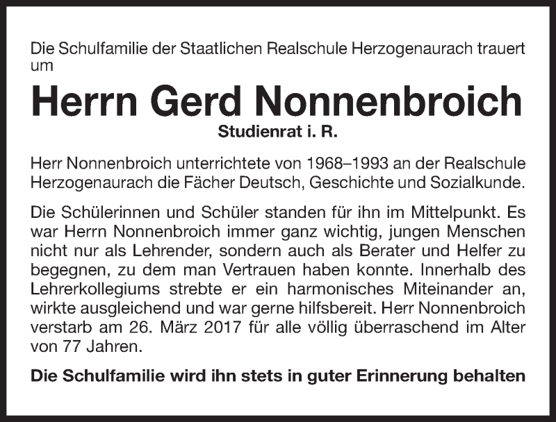  Traueranzeige für Gerd Nonnenbroich vom 07.04.2017 aus Nordbayerische Nachrichten Herzogenaurach Lokal