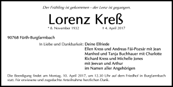 Traueranzeige von Lorenz Kreß von Gesamtausgabe Nürnberger Nachrichten/ Nürnberger Ztg.