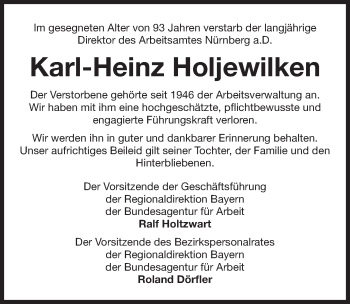 Traueranzeige von Karl-Heinz Holjewilken von Gesamtausgabe Nürnberger Nachrichten/ Nürnberger Ztg.