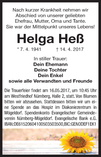 Traueranzeige von Helga Heß von Gesamtausgabe Nürnberger Nachrichten/ Nürnberger Ztg.