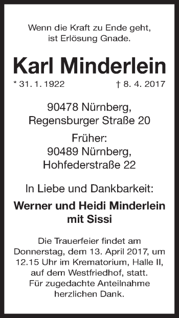 Traueranzeige von Karl Minderlein von Gesamtausgabe Nürnberger Nachrichten/ Nürnberger Ztg.