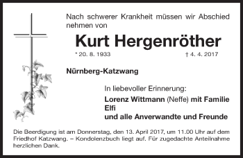 Traueranzeige von Kurt Hergenröther von Gesamtausgabe Nürnberger Nachrichten/ Nürnberger Ztg.