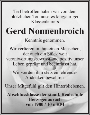 Traueranzeige von Gerd Nonnenbroich von Nordbayerische Nachrichten Herzogenaurach Lokal