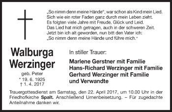 Traueranzeige von Walburga Werzinger von Gesamtausgabe Nürnberger Nachrichten/ Nürnberger Ztg.