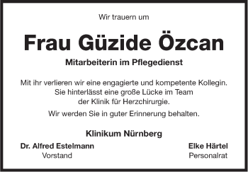 Traueranzeige von Güzide Özcan von Gesamtausgabe Nürnberger Nachrichten/ Nürnberger Ztg.