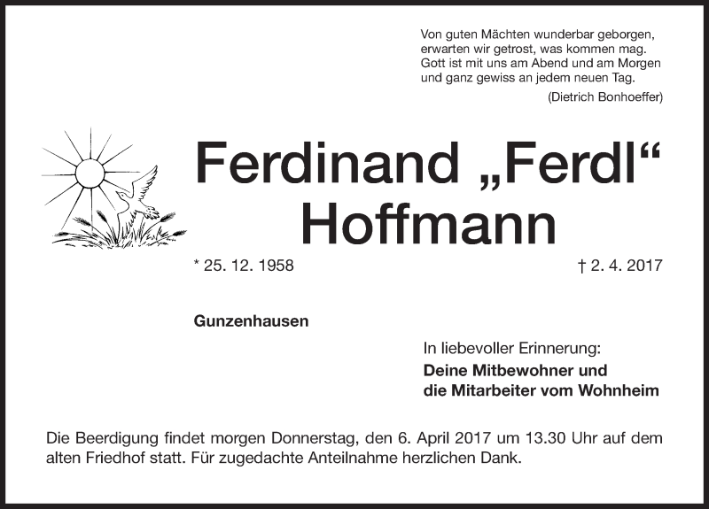  Traueranzeige für Ferdinand Hoffmann vom 05.04.2017 aus Altmühl-Bote Lokal