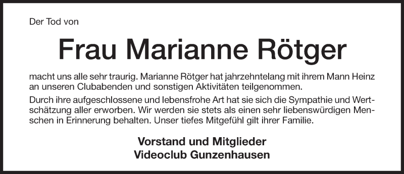  Traueranzeige für Marianne Rötger vom 04.04.2017 aus Altmühl-Bote Lokal