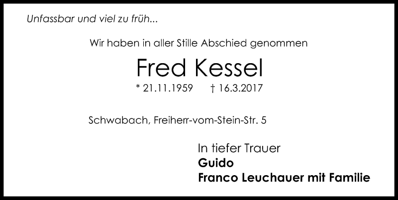  Traueranzeige für Fred Kessel vom 01.04.2017 aus Schwabach