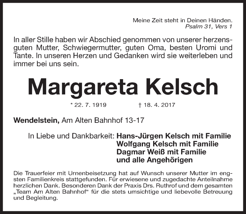  Traueranzeige für Margareta Kelsch vom 29.04.2017 aus Gesamtausgabe Nürnberger Nachrichten/ Nürnberger Ztg.