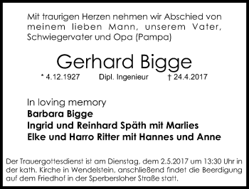 Traueranzeige von Gerhard Bigge von Gesamtausgabe Nürnberger Nachrichten/ Nürnberger Ztg.