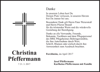 Traueranzeige von Christina Pfeffermann von Nordbayerische Nachrichten Forchheim Lokal