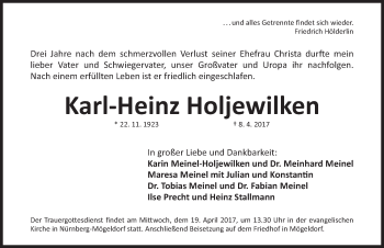 Traueranzeige von Karl-Heinz Holjewilken von Gesamtausgabe Nürnberger Nachrichten/ Nürnberger Ztg.