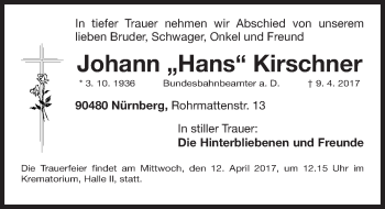 Traueranzeige von Johann Kirschner von Gesamtausgabe Nürnberger Nachrichten/ Nürnberger Ztg.
