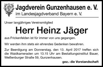 Traueranzeige von Heinz Jäger von Altmühl-Bote Lokal