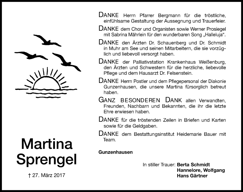  Traueranzeige für Martina Sprengel vom 22.04.2017 aus Altmühl-Bote Lokal