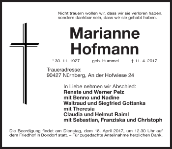 Traueranzeige von Marianne Hofmann von Gesamtausgabe Nürnberger Nachrichten/ Nürnberger Ztg.