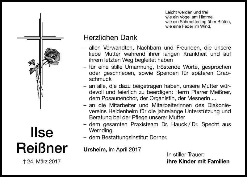  Traueranzeige für Ilse Reißner vom 08.04.2017 aus Altmühl-Bote Lokal