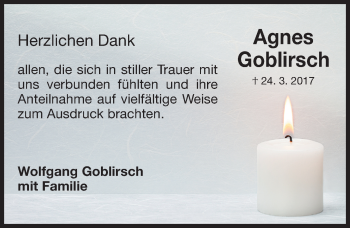Traueranzeige von Agnes Goblirsch von Nordbayerische Nachrichten Herzogenaurach Lokal