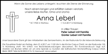 Traueranzeige von Anna Leberl von Gesamtausgabe Nürnberger Nachrichten/ Nürnberger Ztg.