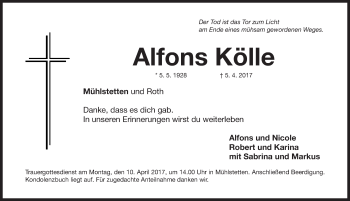 Traueranzeige von Alfons Kölle von Roth-Hilpoltsteiner Volkszeitung Lokal