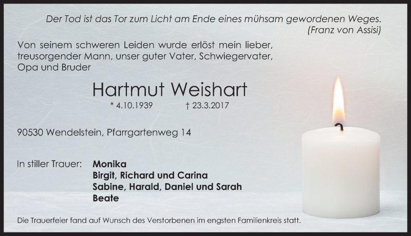  Traueranzeige für Hartmut Weishart vom 01.04.2017 aus Gesamtausgabe Nürnberger Nachrichten/ Nürnberger Ztg.