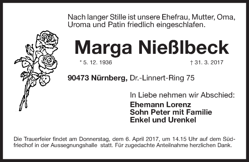  Traueranzeige für Marga Nießlbeck vom 04.04.2017 aus Gesamtausgabe Nürnberger Nachrichten/ Nürnberger Ztg.