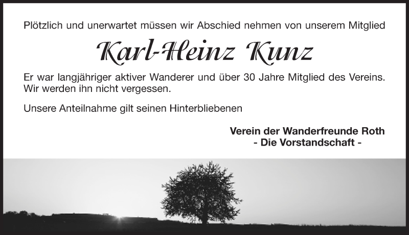  Traueranzeige für Karl-Heinz Kunz vom 05.04.2017 aus Roth-Hilpoltsteiner Volkszeitung Lokal