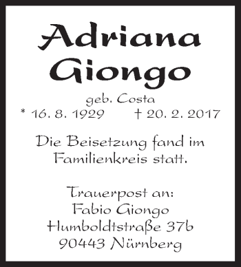 Traueranzeige von Adriana Giongo von Gesamtausgabe Nürnberger Nachrichten/ Nürnberger Ztg.