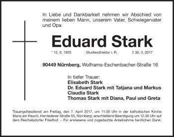 Traueranzeige von Eduard Stark von Gesamtausgabe Nürnberger Nachrichten/ Nürnberger Ztg.