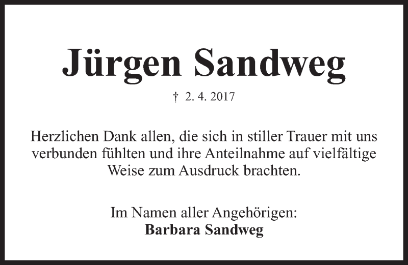  Traueranzeige für Jürgen Sandweg vom 29.04.2017 aus Erlanger Nachrichten Lokal